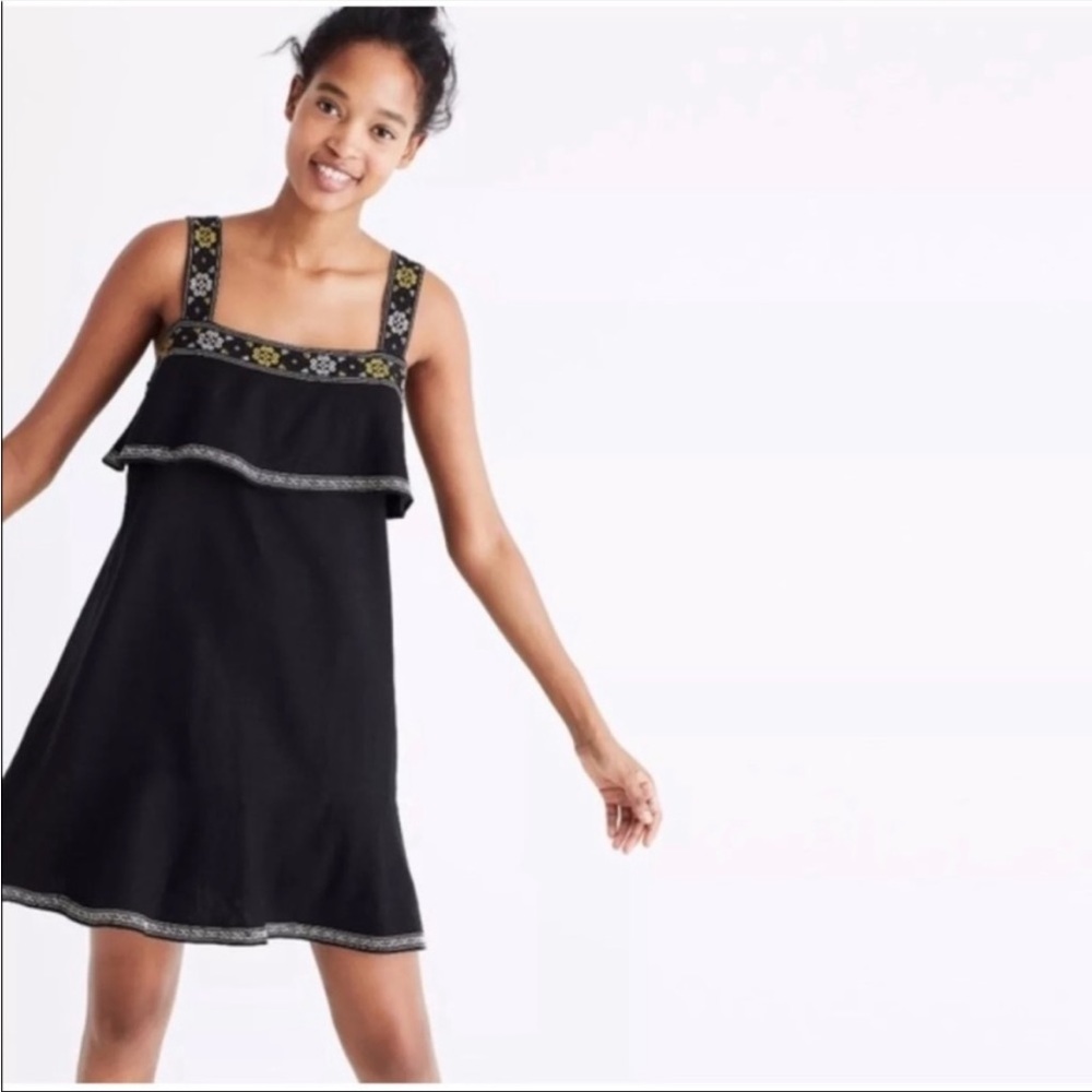 Madewell Embroidered Tiered Linen Black Dress XS